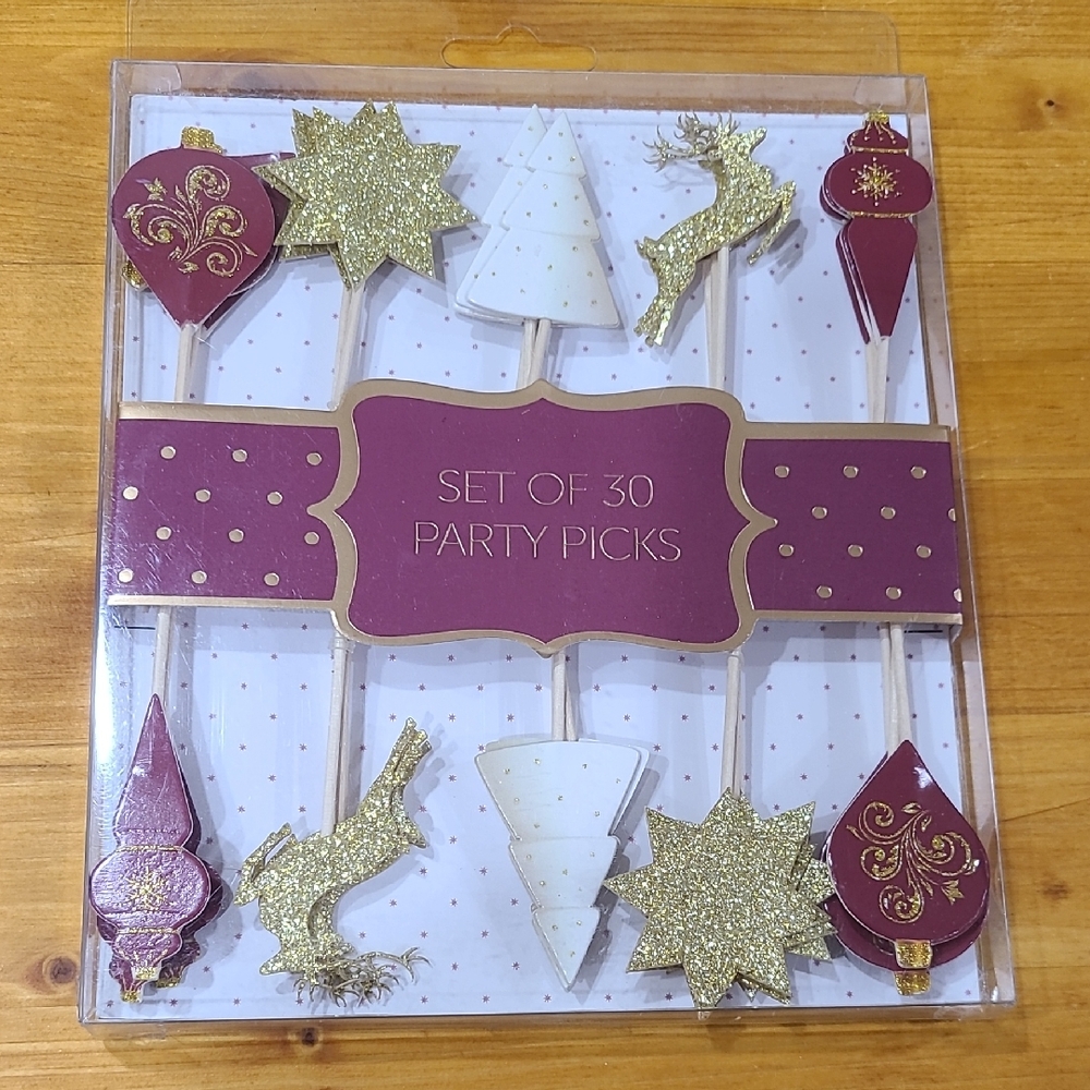NIB Elegant Gold,White and Burgundy Set of 30 Party Picks